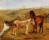 Horse Canvas Paintings - A Horse And Donkey In A Hilly Landscape